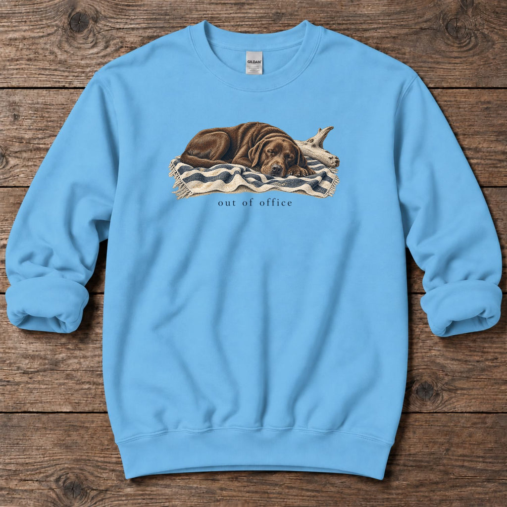 Out of Office Chocolate Labrador Midweight Sweatshirt in Sky, Salty Paws Midweight Sweatshirt, front design flat lay