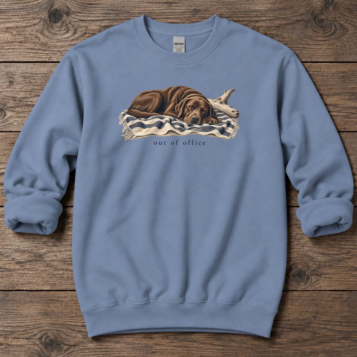 Out of Office Chocolate Labrador Midweight Sweatshirt in Stone Blue, Salty Paws Midweight Sweatshirt, front design flat lay