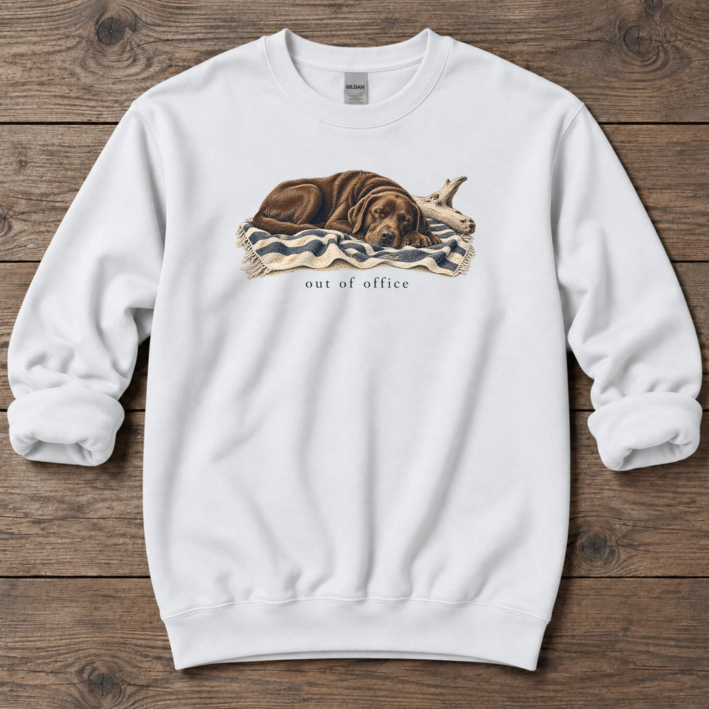 Out of Office Chocolate Labrador Midweight Sweatshirt in White, Salty Paws Midweight Sweatshirt, front design flat lay
