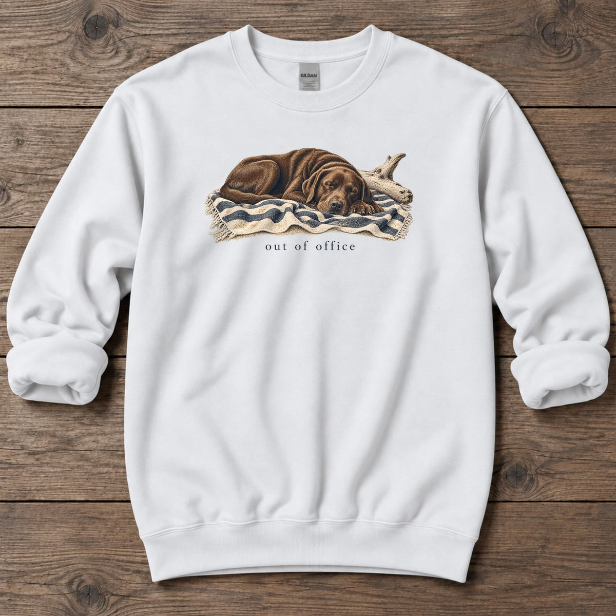Out of Office Chocolate Labrador Midweight Sweatshirt in White, Salty Paws Midweight Sweatshirt, front design flat lay