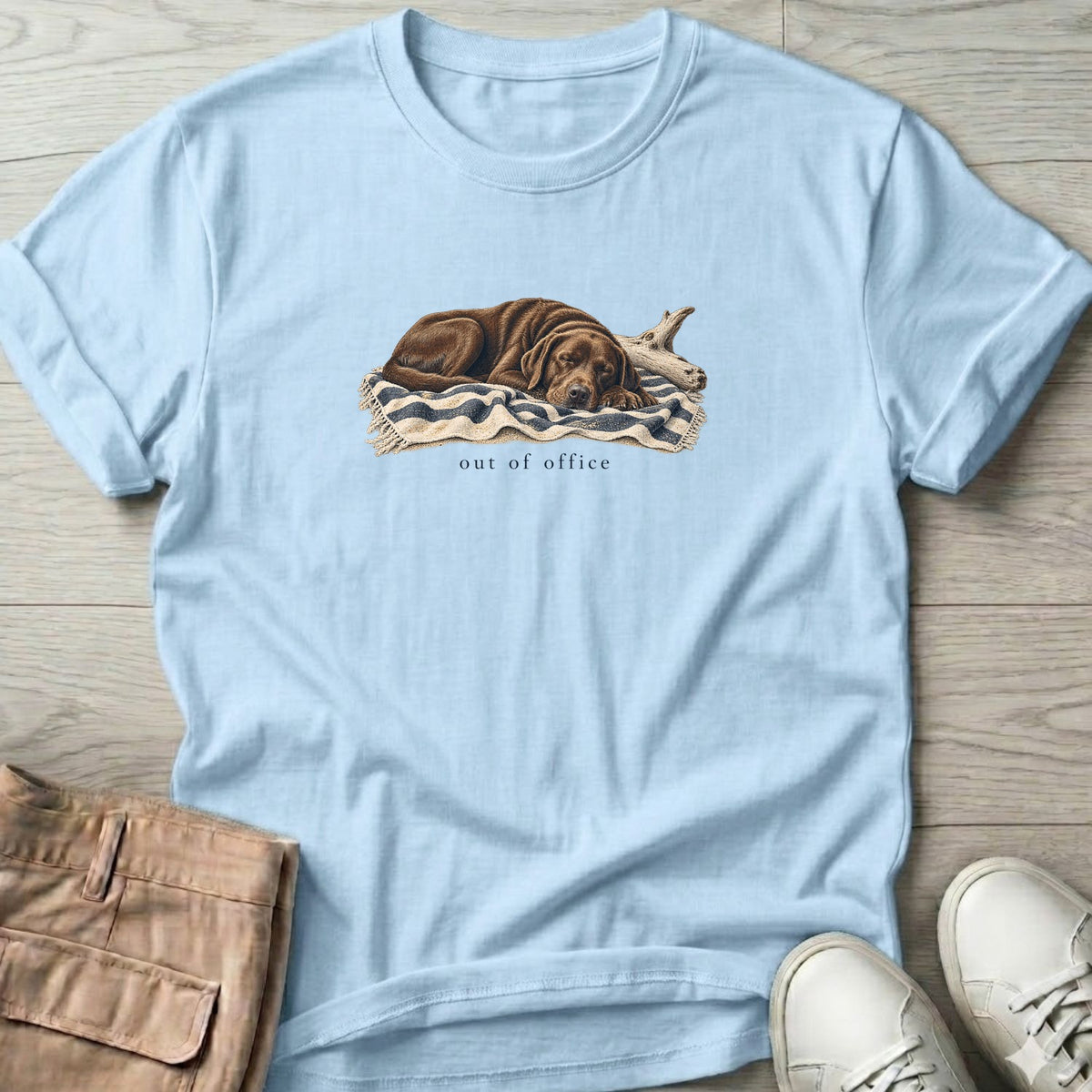 Out of Office Chocolate Labrador T-Shirt in Light Blue, Salty Paws Soft Style T-Shirt, front design flat lay
