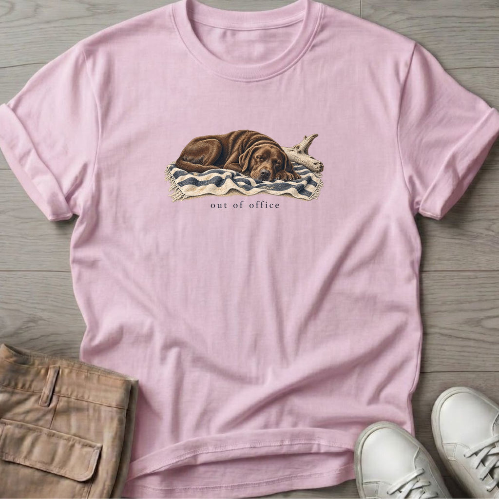 Out of Office Chocolate Labrador T-Shirt in Light Pink, Salty Paws Soft Style T-Shirt, front design flat lay