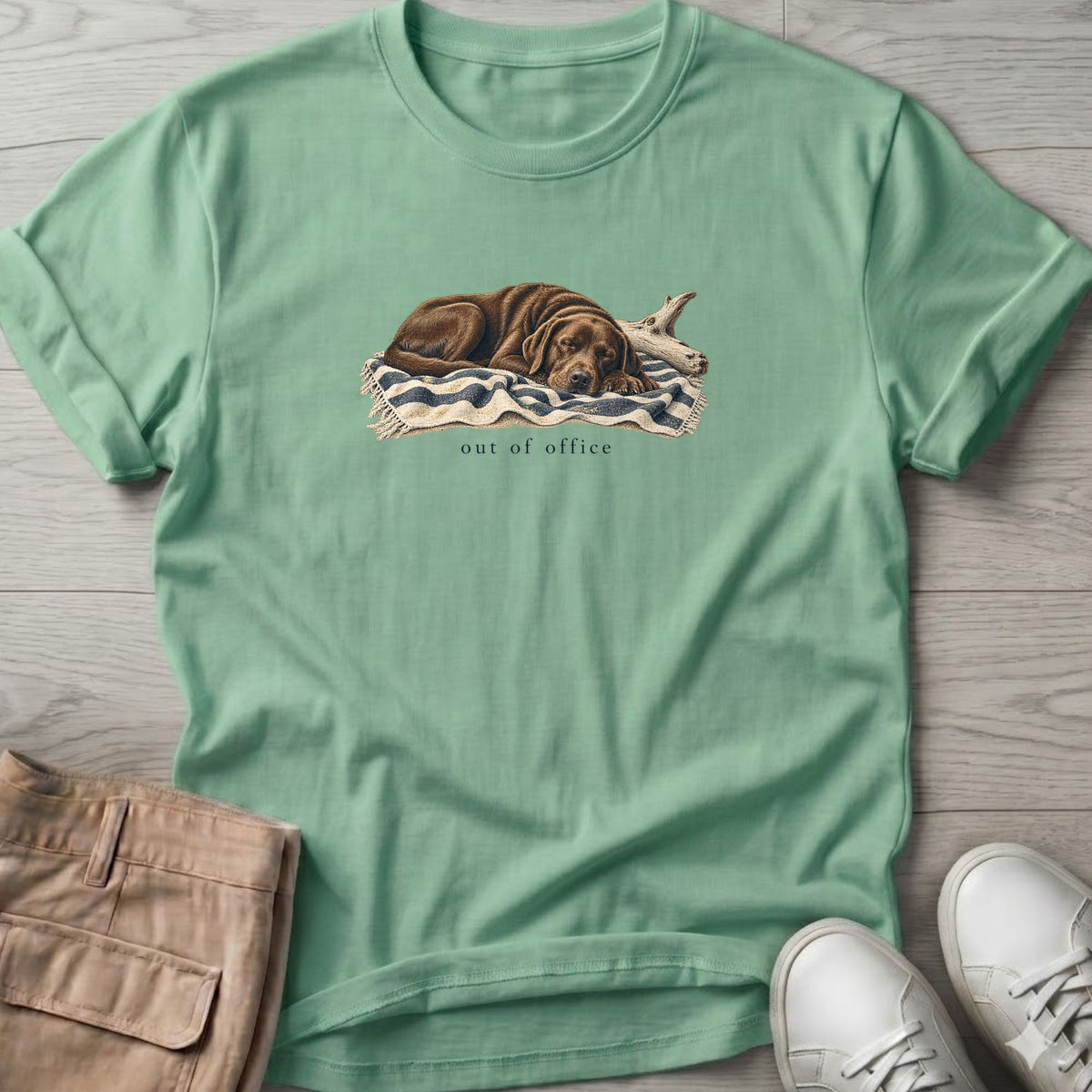 Out of Office Chocolate Labrador T-Shirt in Mint Green, Salty Paws Soft Style T-Shirt, front design flat lay