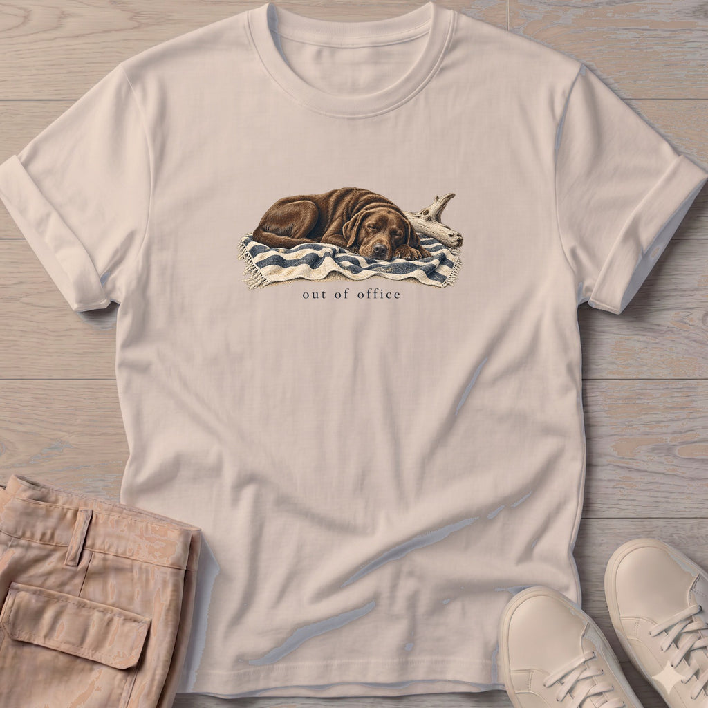 Out of Office Chocolate Labrador T-Shirt in Sand, Salty Paws Soft Style T-Shirt, front design flat lay