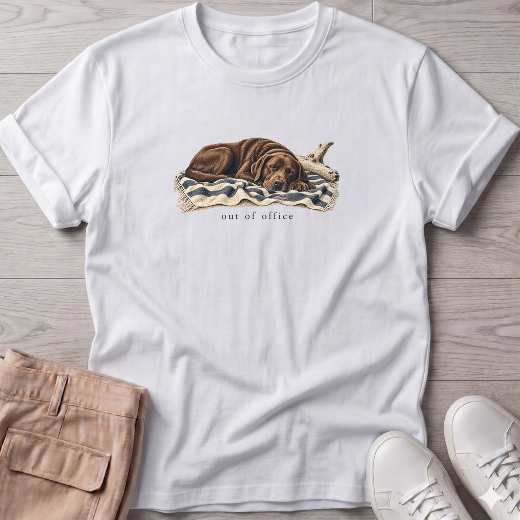 Out of Office Chocolate Labrador T-Shirt in White, Salty Paws Soft Style T-Shirt, front design flat lay
