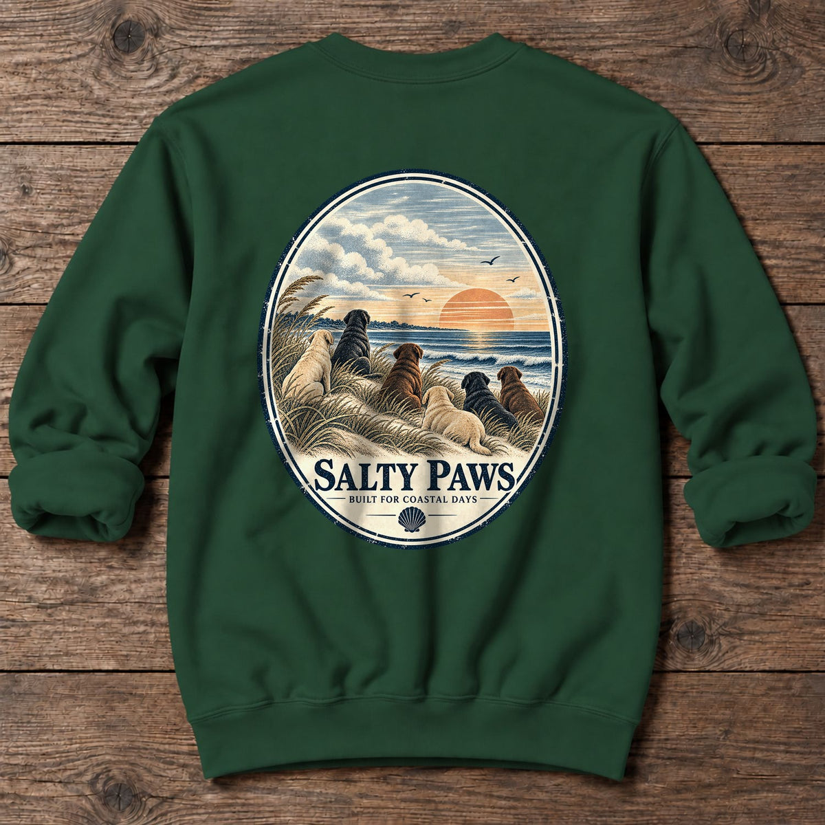 Oval Beach Good Dogs Labs Back Design Midweight Sweatshirt in Forest Green, Salty Paws Midweight Sweatshirt, back design flat lay