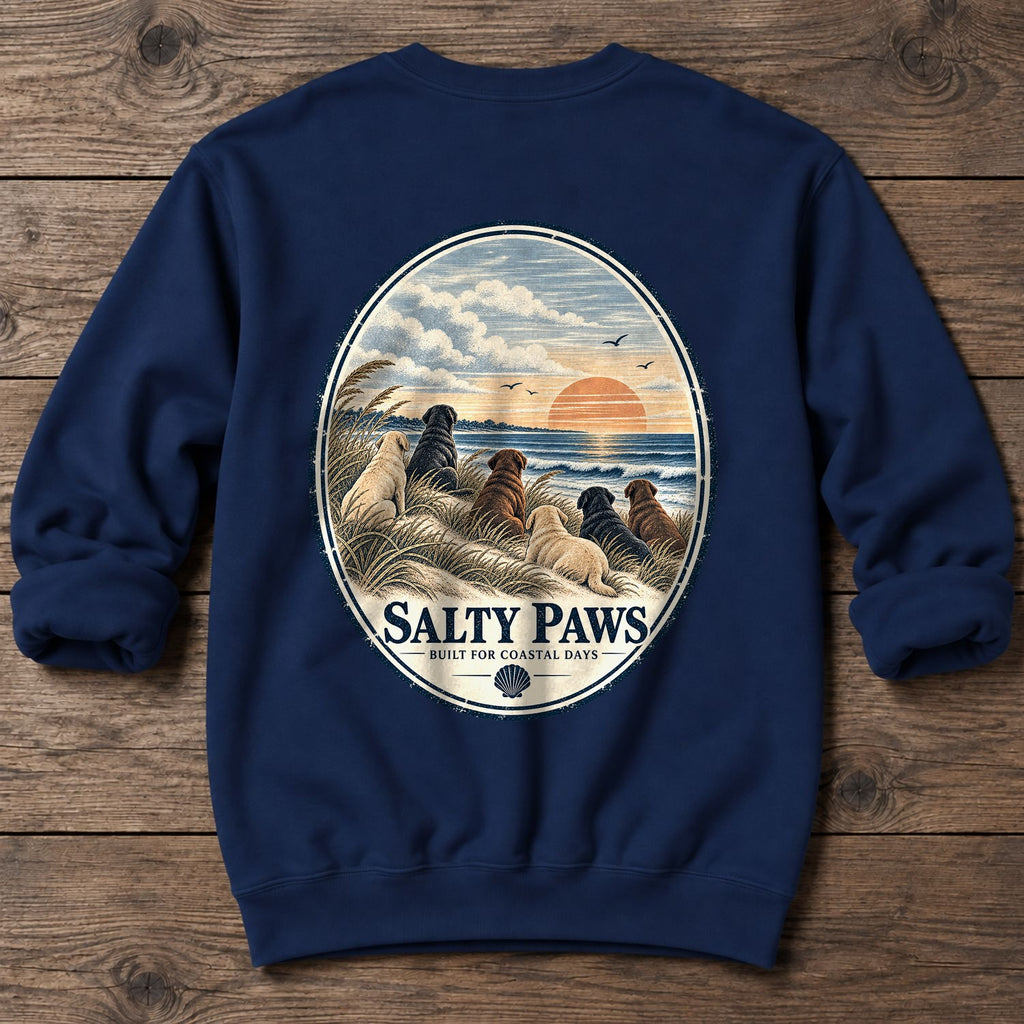 Oval Beach Good Dogs Labs Back Design Midweight Sweatshirt in Navy, Salty Paws Midweight Sweatshirt, back design flat lay