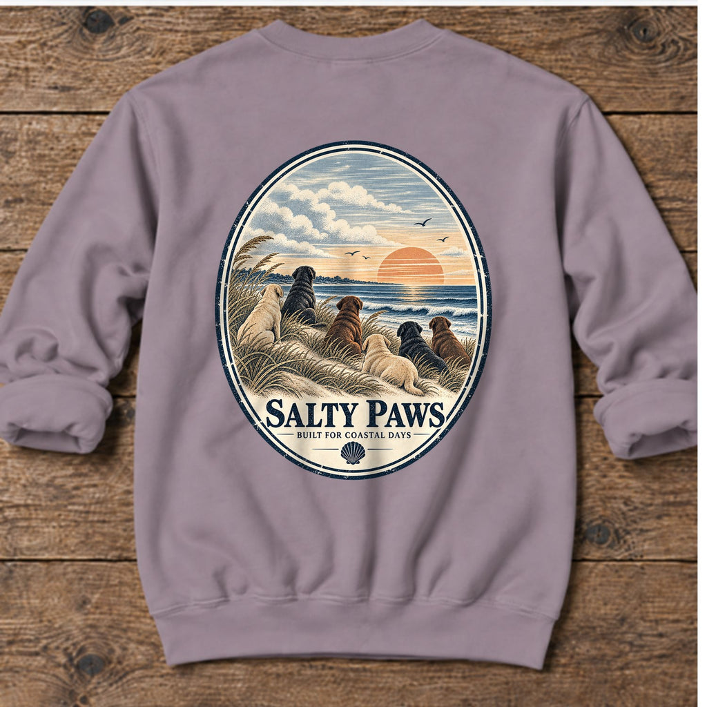 Oval Beach Good Dogs Labs Back Design Midweight Sweatshirt in Paragon, Salty Paws Midweight Sweatshirt, back design flat lay