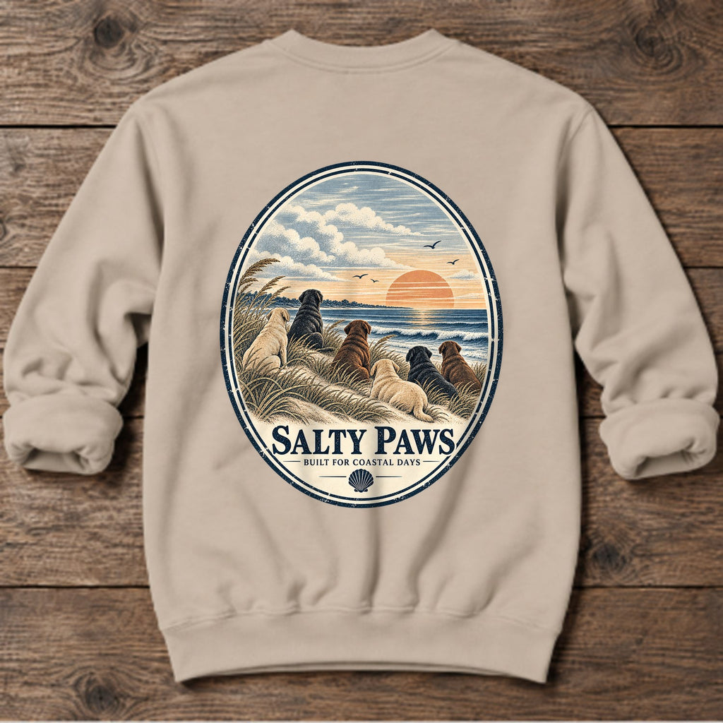 Oval Beach Good Dogs Labs Back Design Midweight Sweatshirt in Sand, Salty Paws Midweight Sweatshirt, back design flat lay