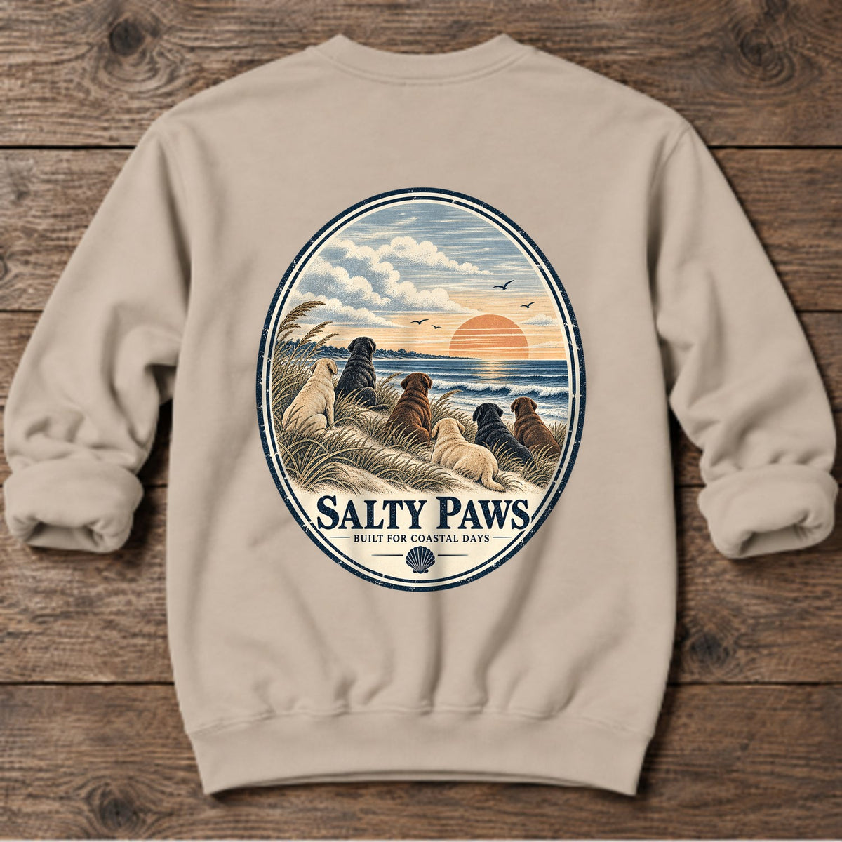 Oval Beach Good Dogs Labs Back Design Midweight Sweatshirt in Sand, Salty Paws Midweight Sweatshirt, back design flat lay