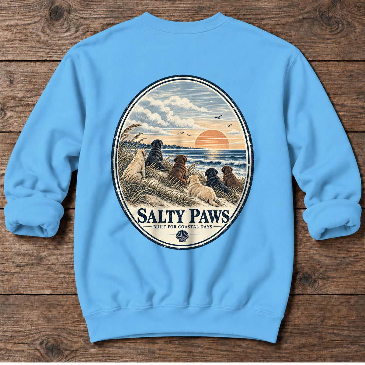 Oval Beach Good Dogs Labs Back Design Midweight Sweatshirt in Sky, Salty Paws Midweight Sweatshirt, back design flat lay