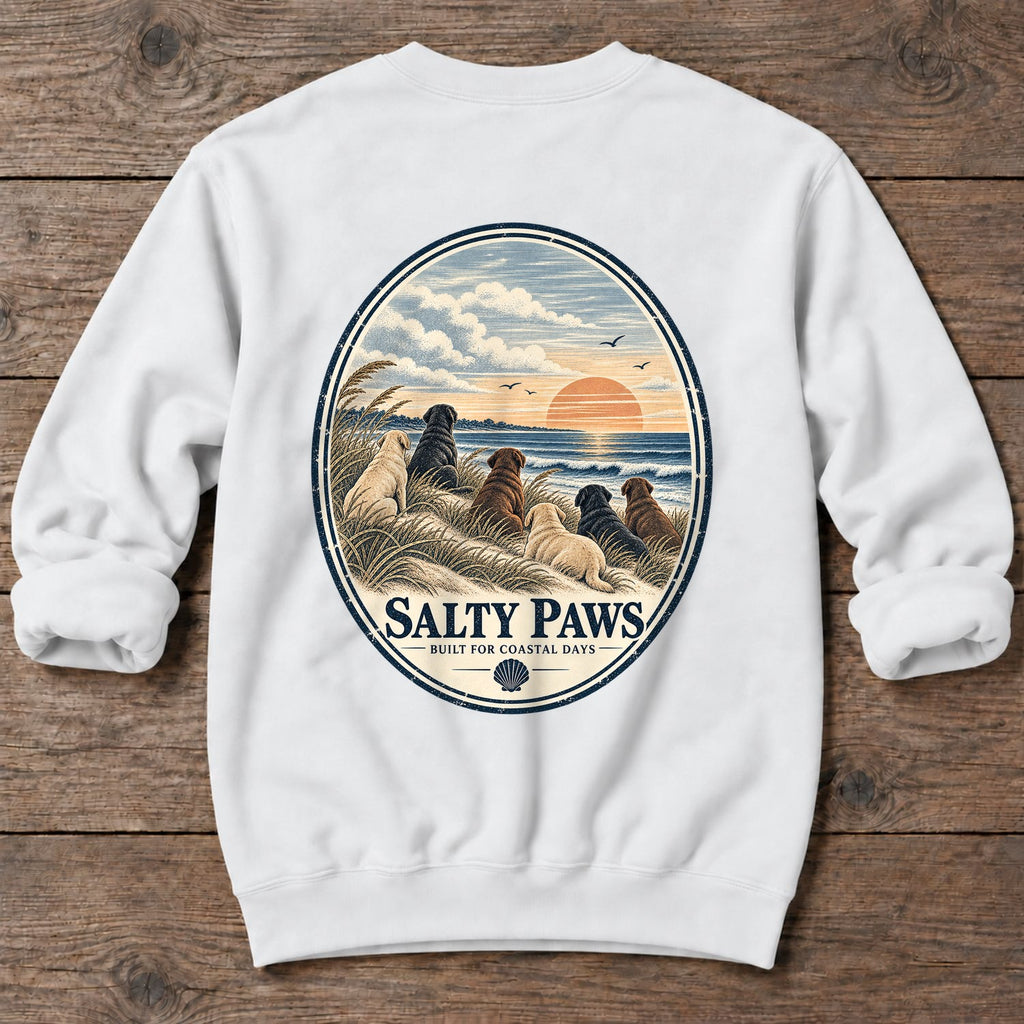 Oval Beach Good Dogs Labs Back Design Midweight Sweatshirt in White, Salty Paws Midweight Sweatshirt, back design flat lay
