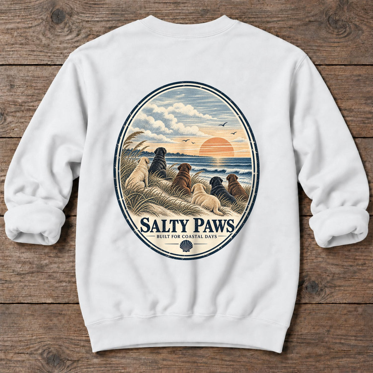 Oval Beach Good Dogs Labs Back Design Midweight Sweatshirt in White, Salty Paws Midweight Sweatshirt, back design flat lay