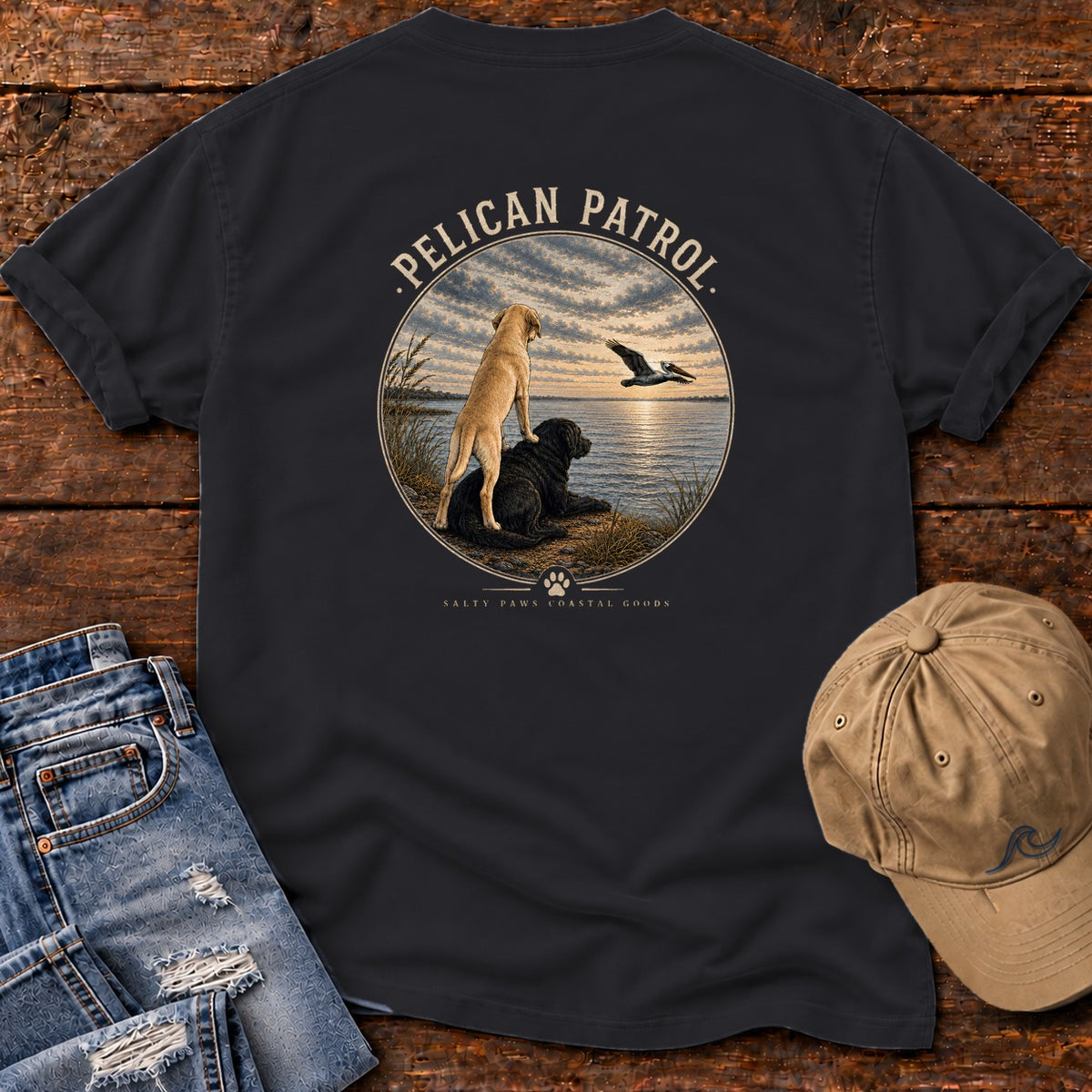 Pelican Patrol Labradors Comfort Colors T-Shirt in Black, back design flat lay