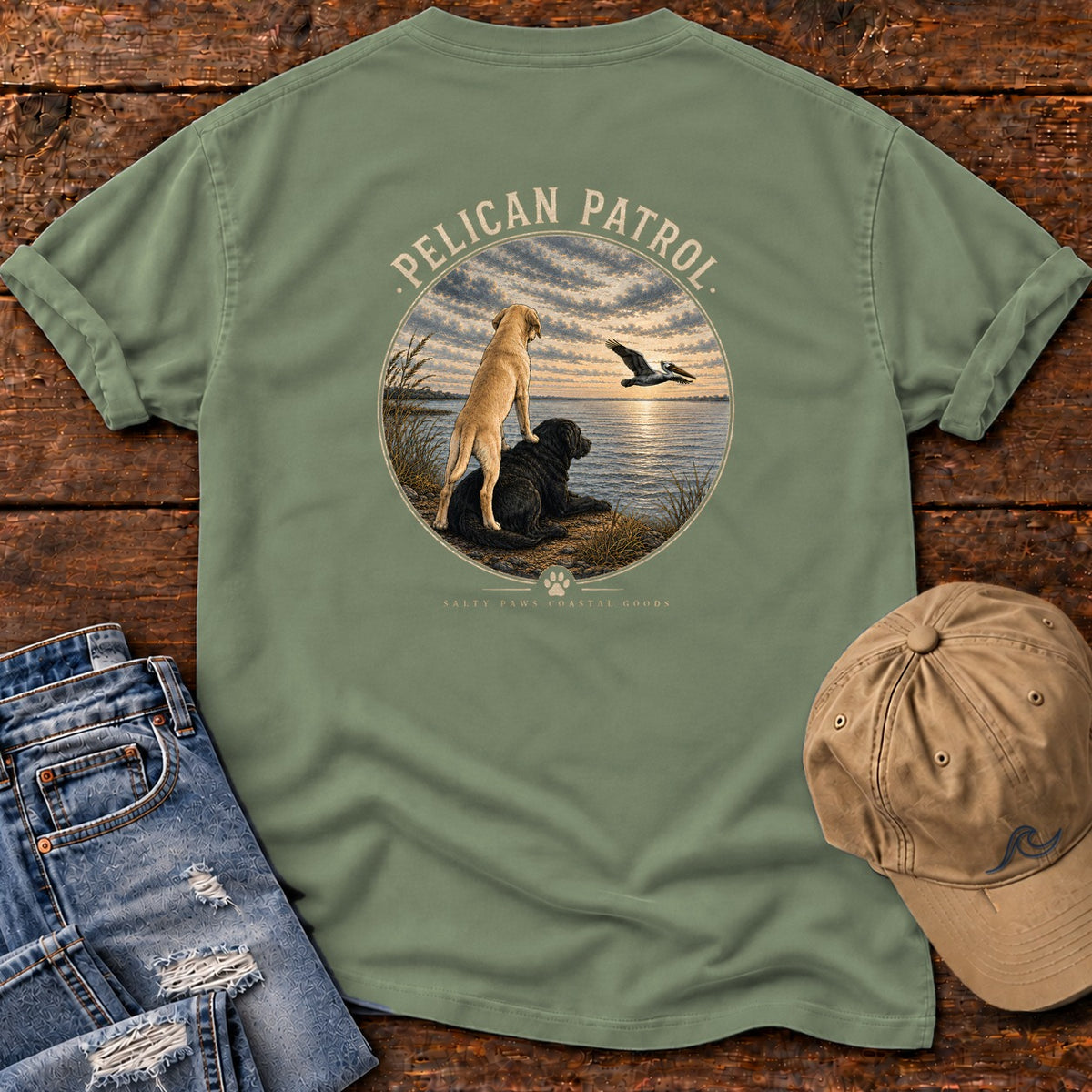 Pelican Patrol Labradors Comfort Colors T-Shirt in Moss, back design flat lay