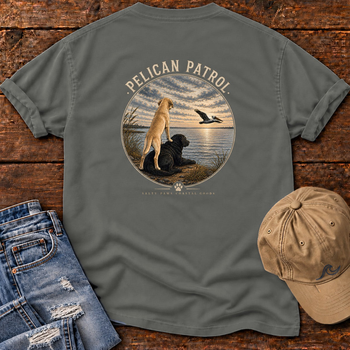 Pelican Patrol Labradors Comfort Colors T-Shirt in Pepper, back design flat lay