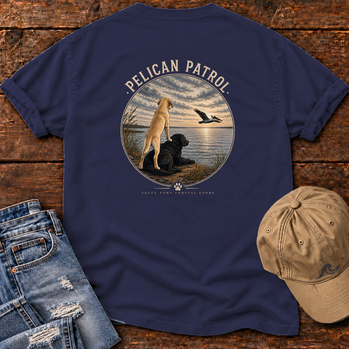Pelican Patrol Labradors Comfort Colors T-Shirt in True Navy, back design flat lay