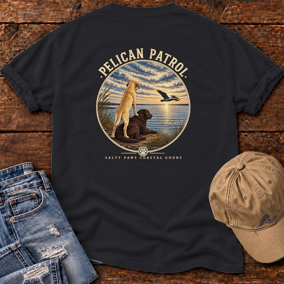 Pelican Yellow & Chocolate Labs Back Design T-Shirt Comfort Colors in Black, back design flat lay