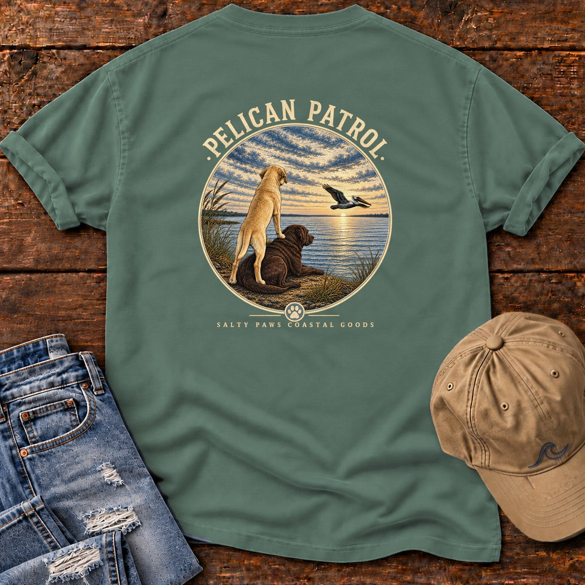 Pelican Yellow & Chocolate Labs Back Design T-Shirt Comfort Colors in Blue Spruce, back design flat lay