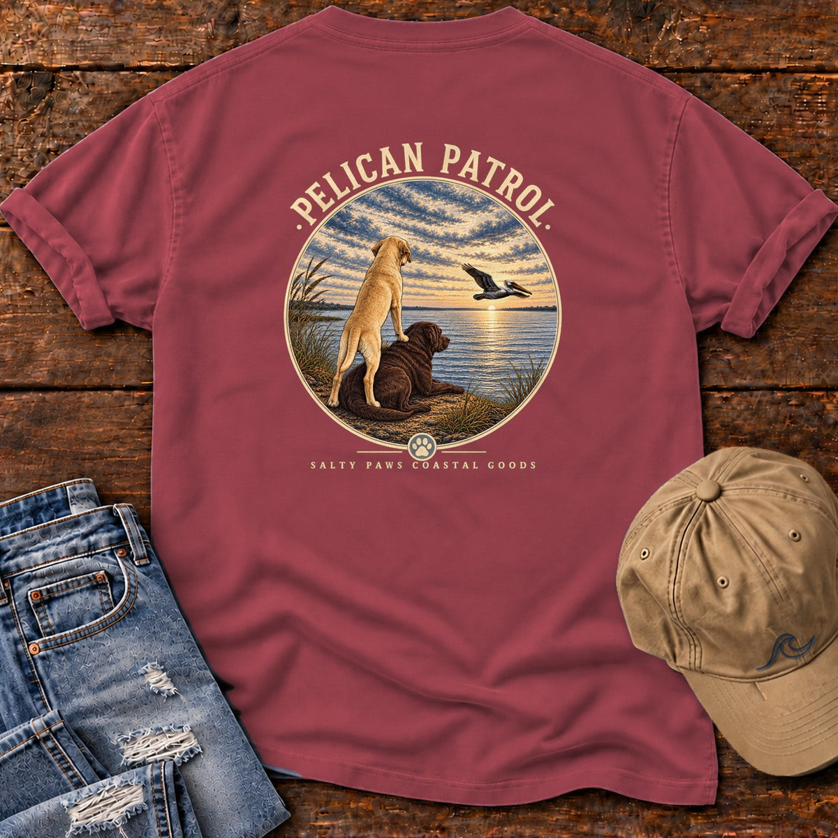Pelican Yellow & Chocolate Labs Back Design T-Shirt Comfort Colors in Chili, back design flat lay