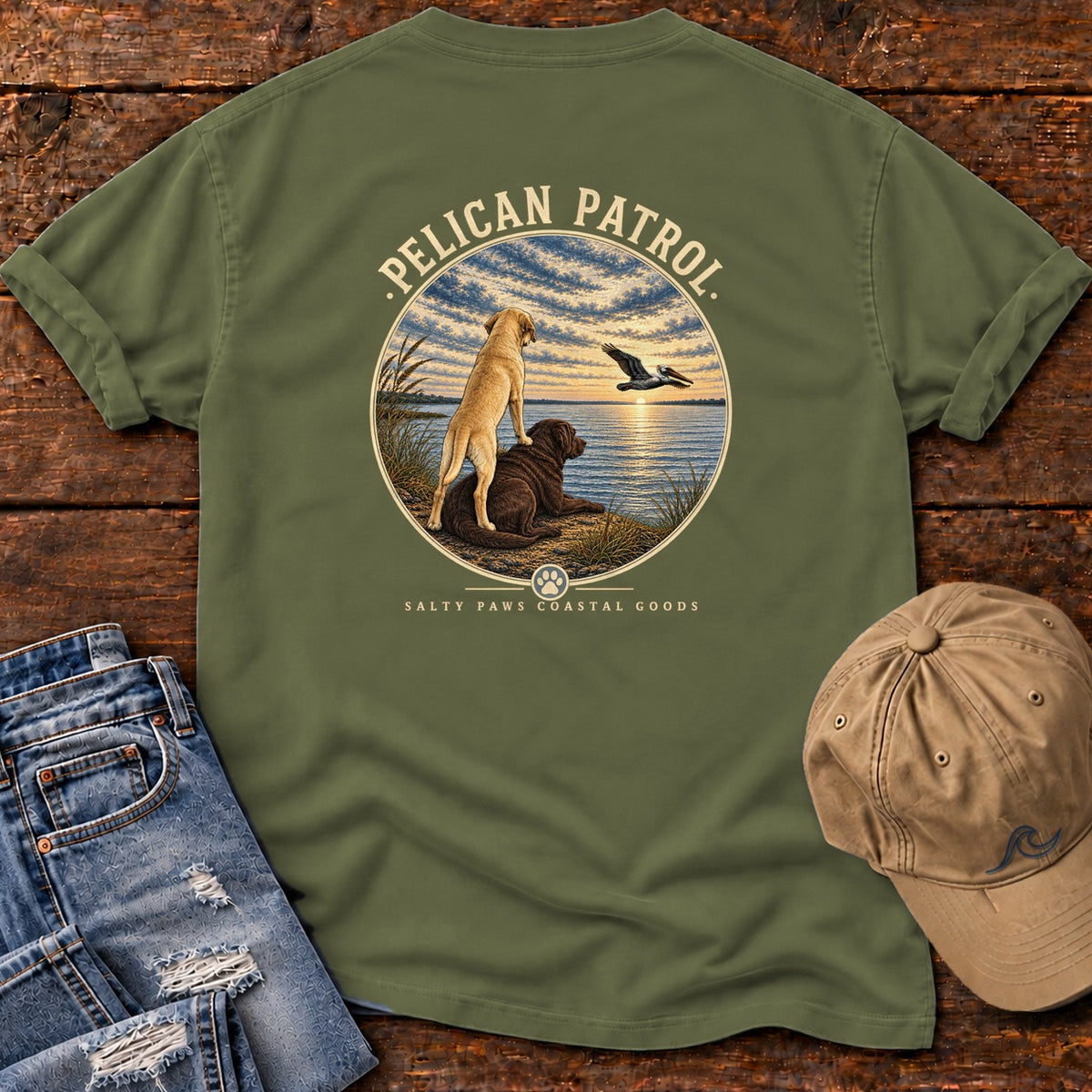 Pelican Yellow & Chocolate Labs Back Design T-Shirt Comfort Colors in Hemp, back design flat lay