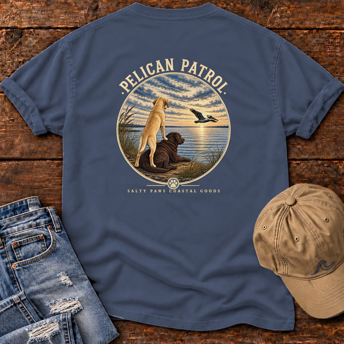 Pelican Yellow & Chocolate Labs Back Design T-Shirt Comfort Colors in Midnight, back design flat lay