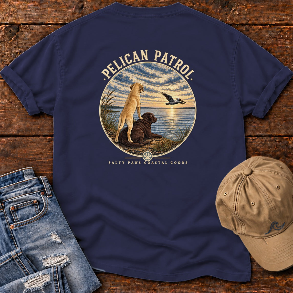 Pelican Yellow & Chocolate Labs Back Design T-Shirt Comfort Colors in True Navy, back design flat lay