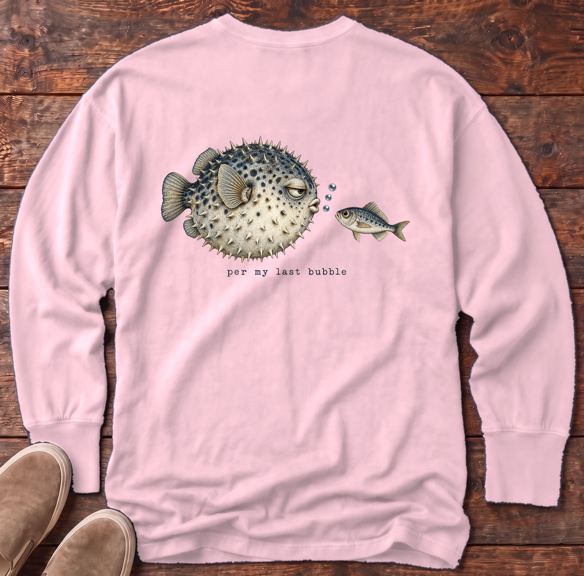 Per My Last Bubble Pufferfish Back Design Long Sleeve Tee Comfort Colors in Blossom, Salty Paws Comfort Colors Long Sleeve Tee, back design flat lay