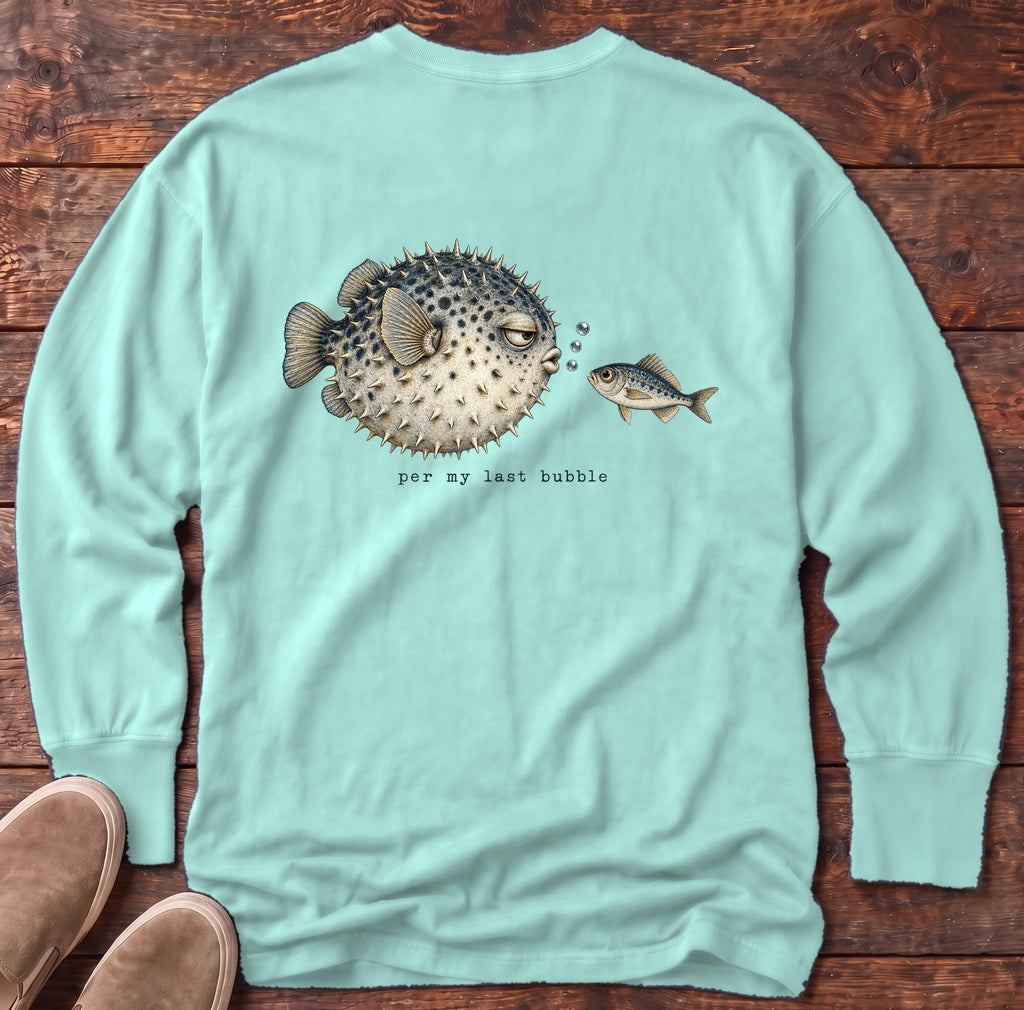 Per My Last Bubble Pufferfish Back Design Long Sleeve Tee Comfort Colors in Chalky Mint, Salty Paws Comfort Colors Long Sleeve Tee, back design flat lay