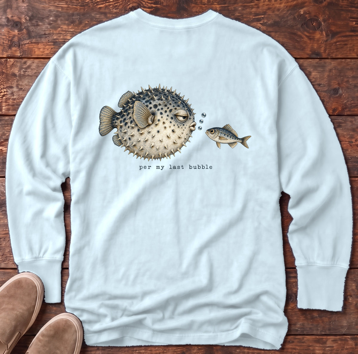Per My Last Bubble Pufferfish Back Design Long Sleeve Tee Comfort Colors in Chambray, Salty Paws Comfort Colors Long Sleeve Tee, back design flat lay