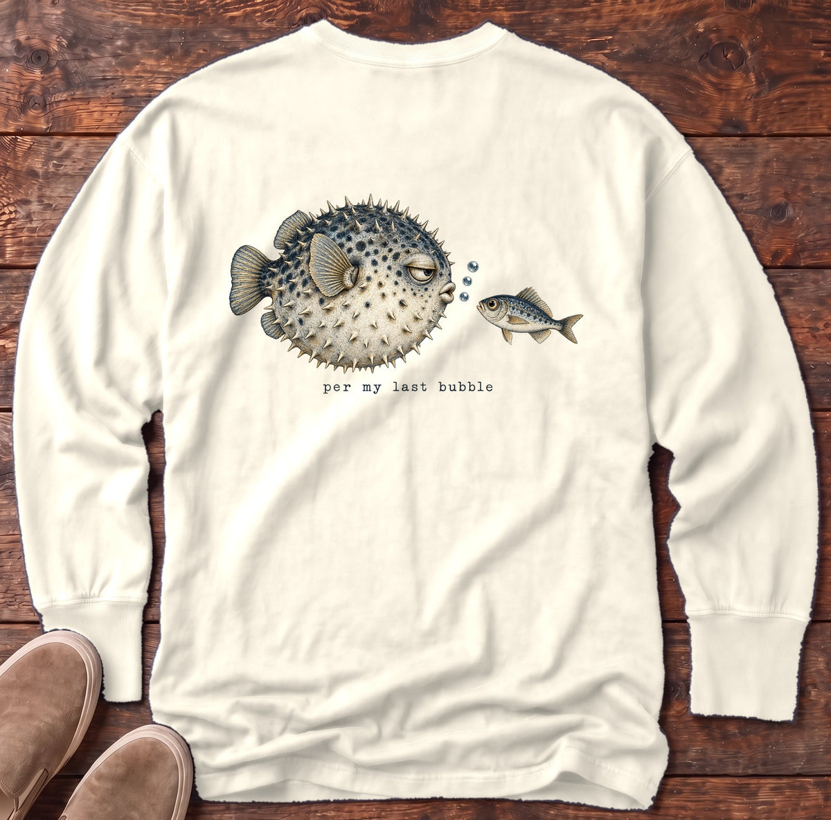 Per My Last Bubble Pufferfish Back Design Long Sleeve Tee Comfort Colors in Ivory, Salty Paws Comfort Colors Long Sleeve Tee, back design flat lay