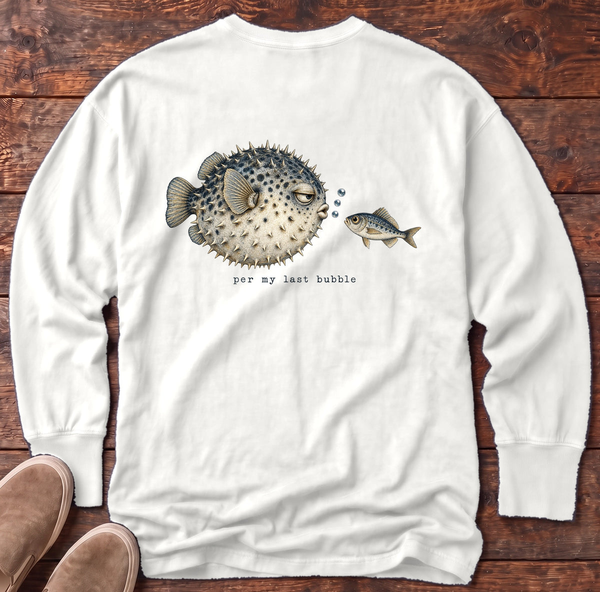 Per My Last Bubble Pufferfish Back Design Long Sleeve Tee Comfort Colors in White, Salty Paws Comfort Colors Long Sleeve Tee, back design flat lay