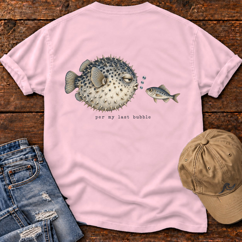 Per My Last Bubble Pufferfish Back Design T-Shirt Comfort Colors in Blossom, Salty Paws Comfort Colors T-Shirt, back design flat lay