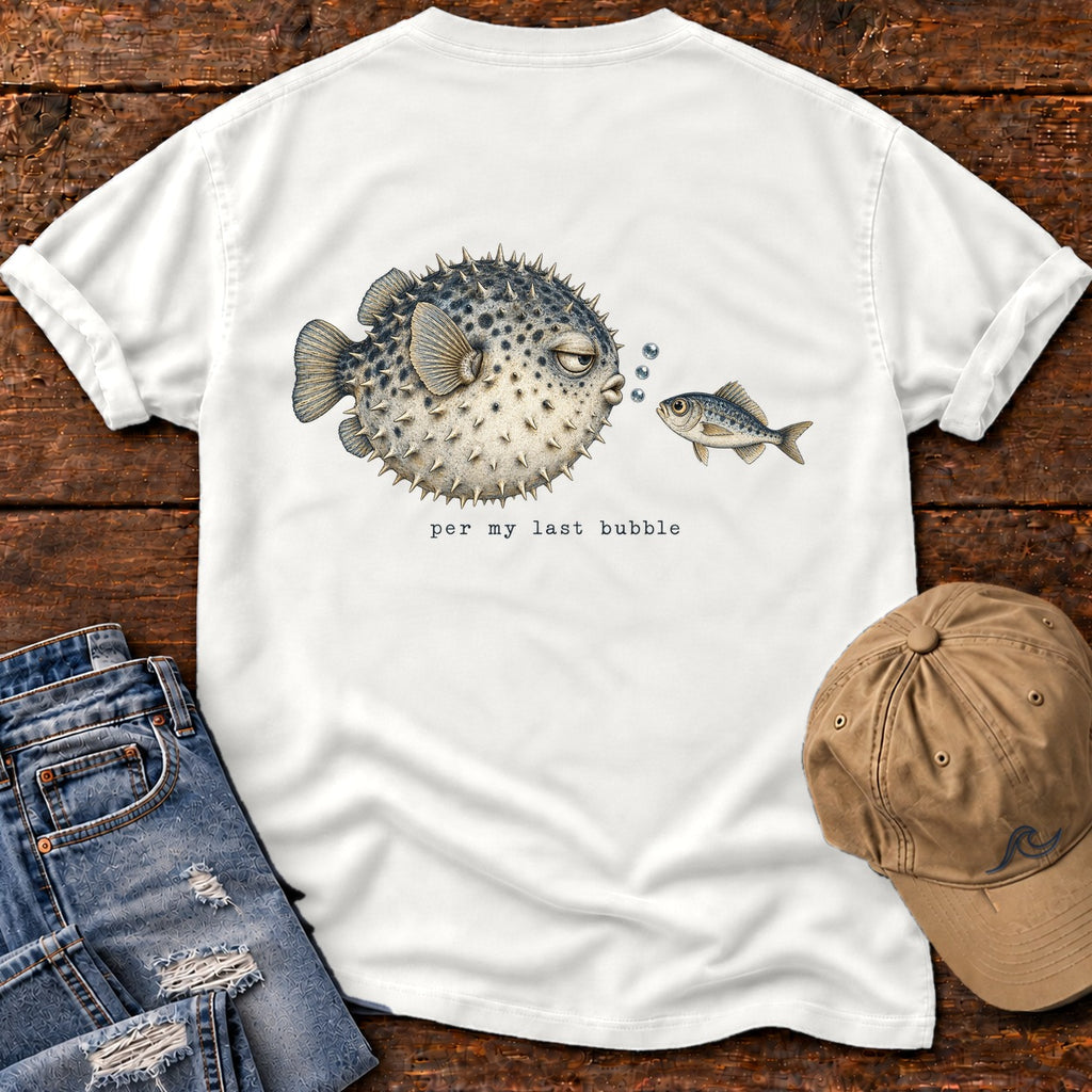 Per My Last Bubble Pufferfish Back Design T-Shirt Comfort Colors in White, Salty Paws Comfort Colors T-Shirt, back design flat lay