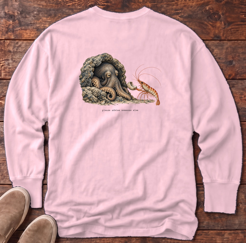 Please Advise Someone Else Octopus Back Design Long Sleeve Tee Comfort Colors in Blossom, Salty Paws Comfort Colors Long Sleeve Tee, back design flat lay