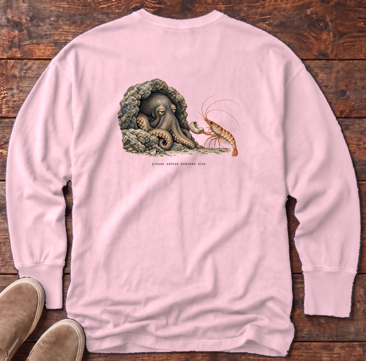 Please Advise Someone Else Octopus Back Design Long Sleeve Tee Comfort Colors in Blossom, Salty Paws Comfort Colors Long Sleeve Tee, back design flat lay