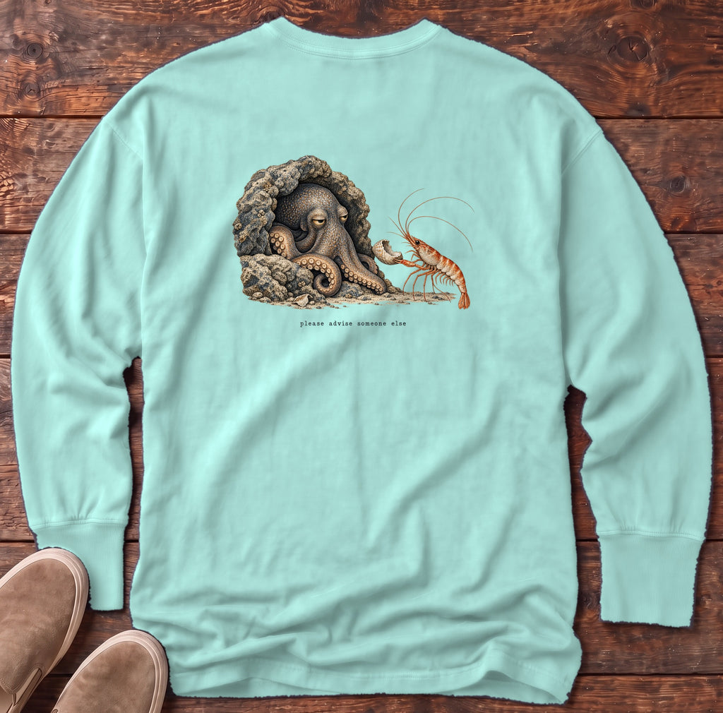 Please Advise Someone Else Octopus Back Design Long Sleeve Tee Comfort Colors in Chalky Mint, Salty Paws Comfort Colors Long Sleeve Tee, back design flat lay
