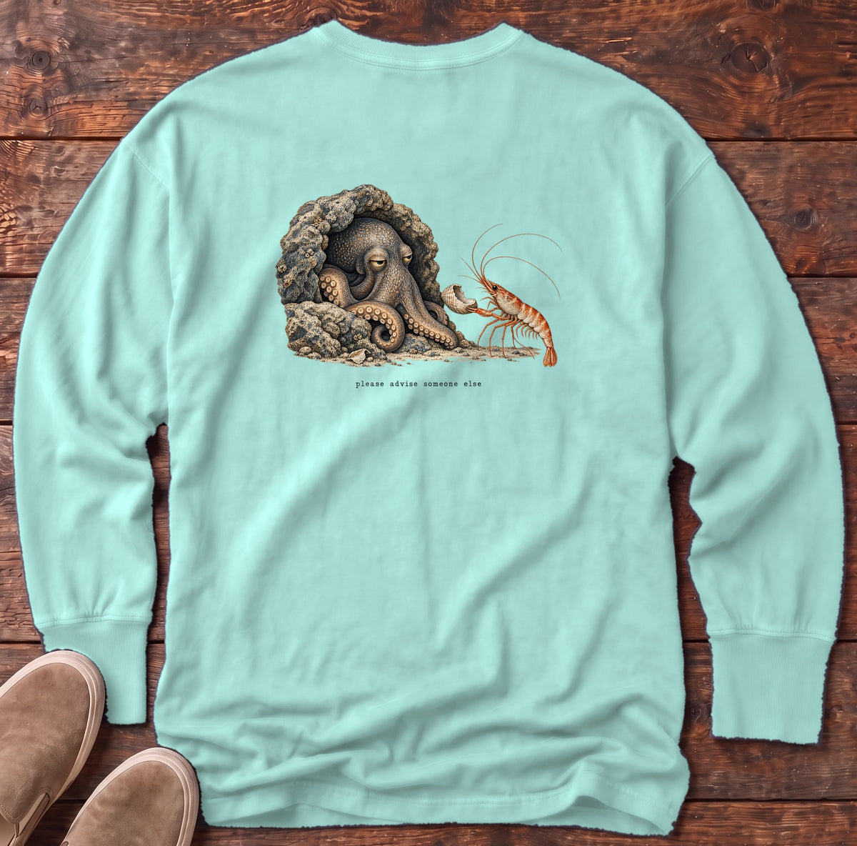 Please Advise Someone Else Octopus Back Design Long Sleeve Tee Comfort Colors in Chalky Mint, Salty Paws Comfort Colors Long Sleeve Tee, back design flat lay
