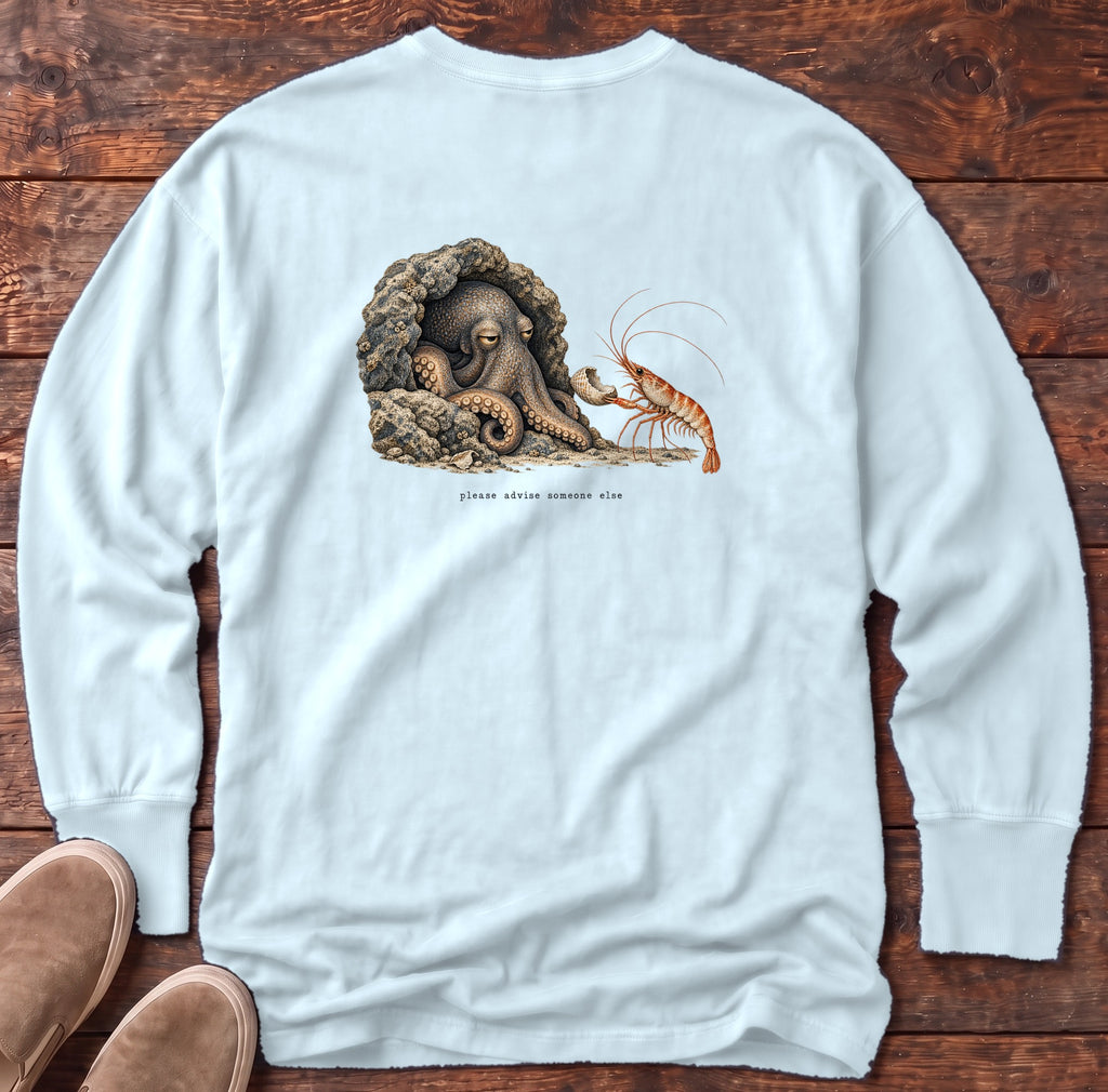 Please Advise Someone Else Octopus Back Design Long Sleeve Tee Comfort Colors in Chambray, Salty Paws Comfort Colors Long Sleeve Tee, back design flat lay