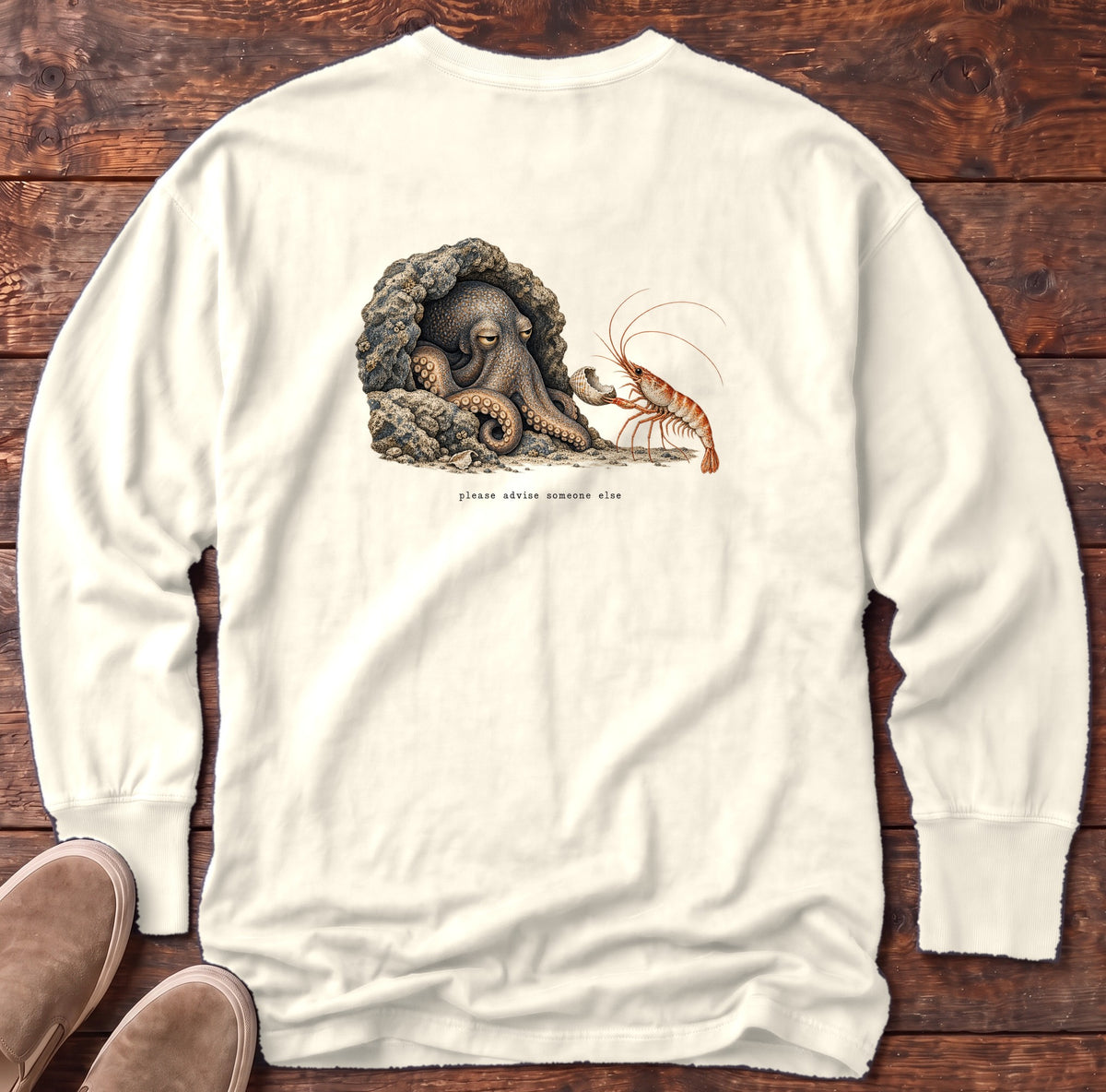 Please Advise Someone Else Octopus Back Design Long Sleeve Tee Comfort Colors in Ivory, Salty Paws Comfort Colors Long Sleeve Tee, back design flat lay