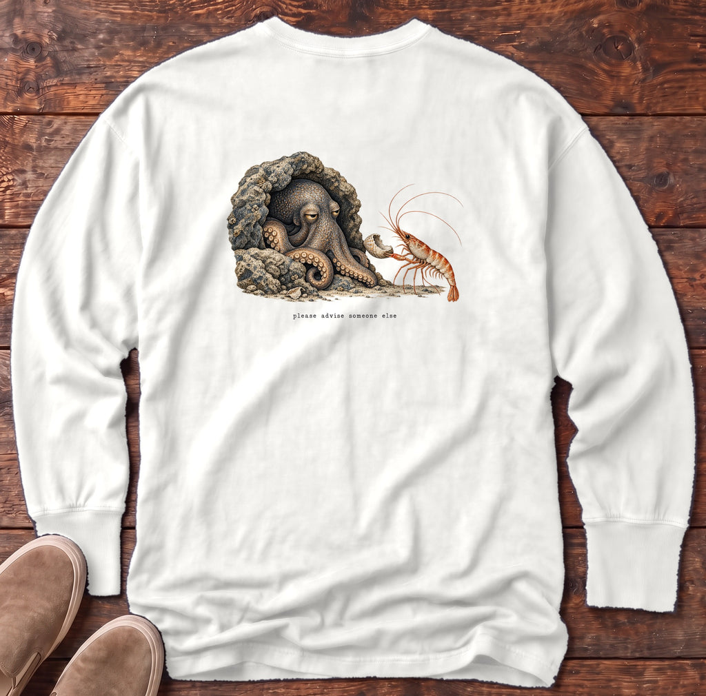Please Advise Someone Else Octopus Back Design Long Sleeve Tee Comfort Colors in White, Salty Paws Comfort Colors Long Sleeve Tee, back design flat lay