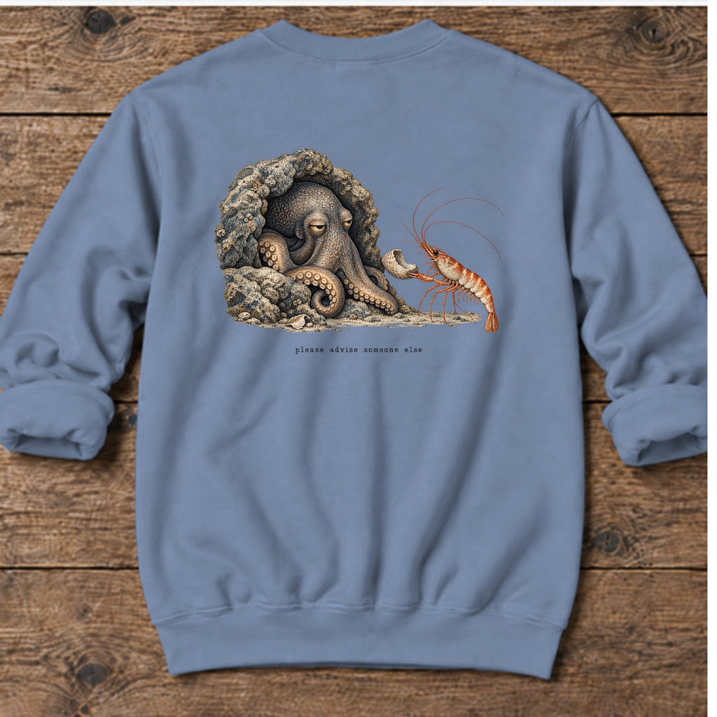 Please Advise Someone Else Octopus Back Design Midweight Sweatshirt in Stone Blue, Salty Paws Midweight Sweatshirt, back design flat lay