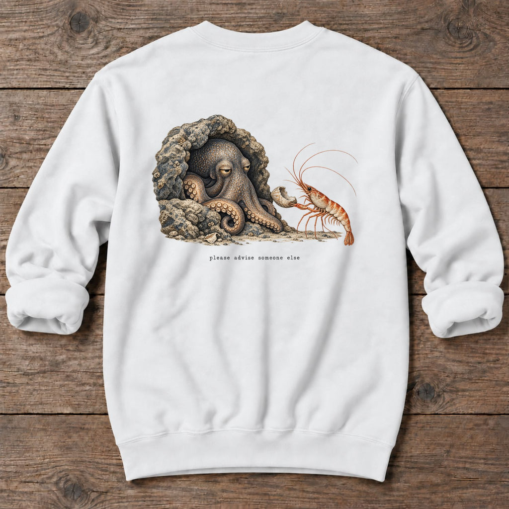 Please Advise Someone Else Octopus Back Design Midweight Sweatshirt in White, Salty Paws Midweight Sweatshirt, back design flat lay