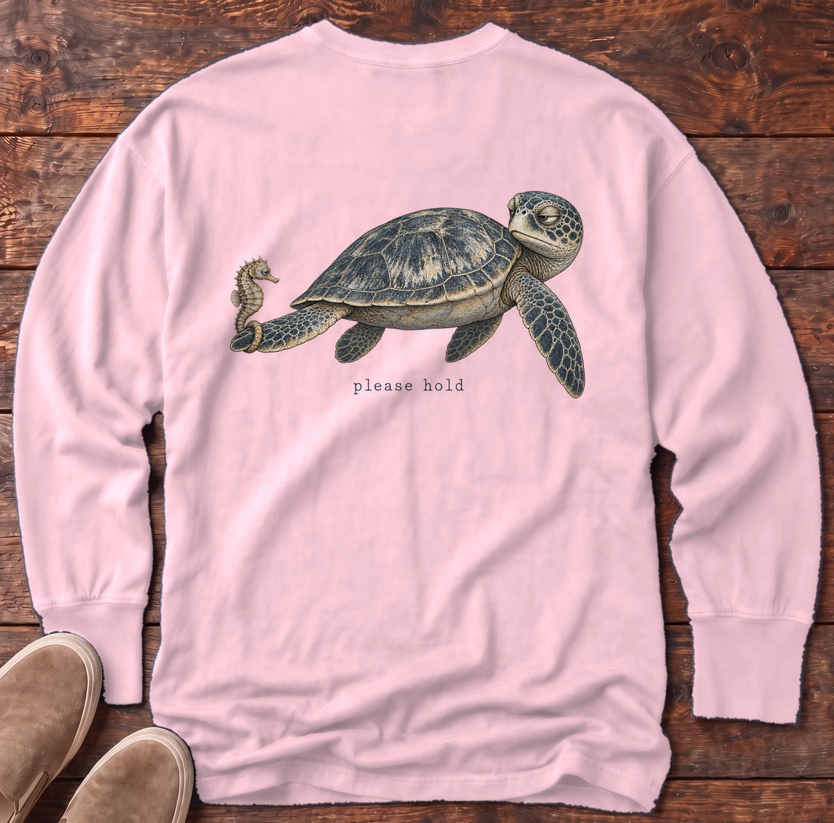 Please Hold Sea Turtle Back Design Long Sleeve Tee Comfort Colors in Blossom, Salty Paws Comfort Colors Long Sleeve Tee, back design flat lay