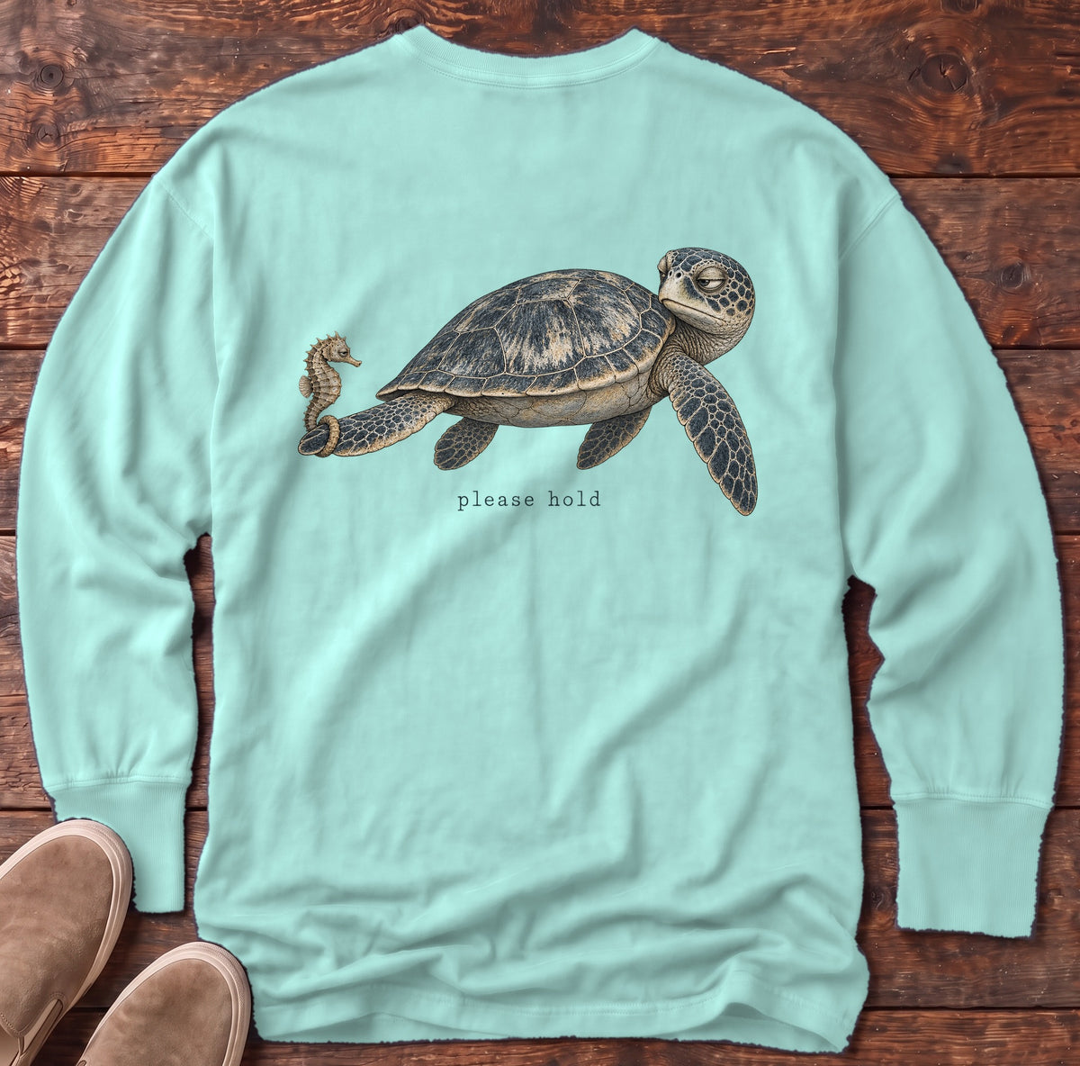 Please Hold Sea Turtle Back Design Long Sleeve Tee Comfort Colors in Chalky Mint, Salty Paws Comfort Colors Long Sleeve Tee, back design flat lay