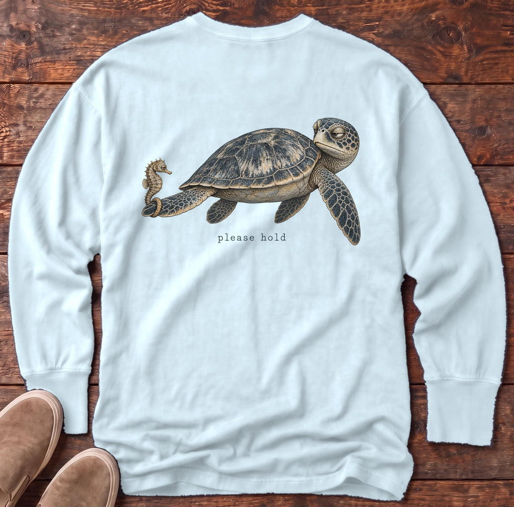 Please Hold Sea Turtle Back Design Long Sleeve Tee Comfort Colors in Chambray, Salty Paws Comfort Colors Long Sleeve Tee, back design flat lay