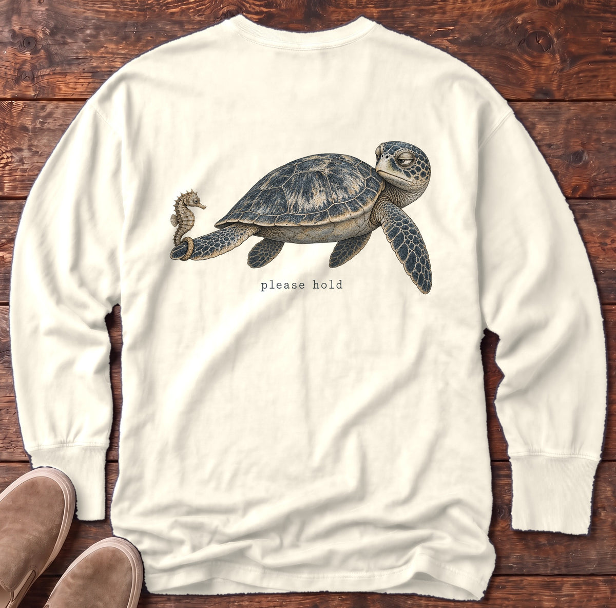 Please Hold Sea Turtle Back Design Long Sleeve Tee Comfort Colors in Ivory, Salty Paws Comfort Colors Long Sleeve Tee, back design flat lay