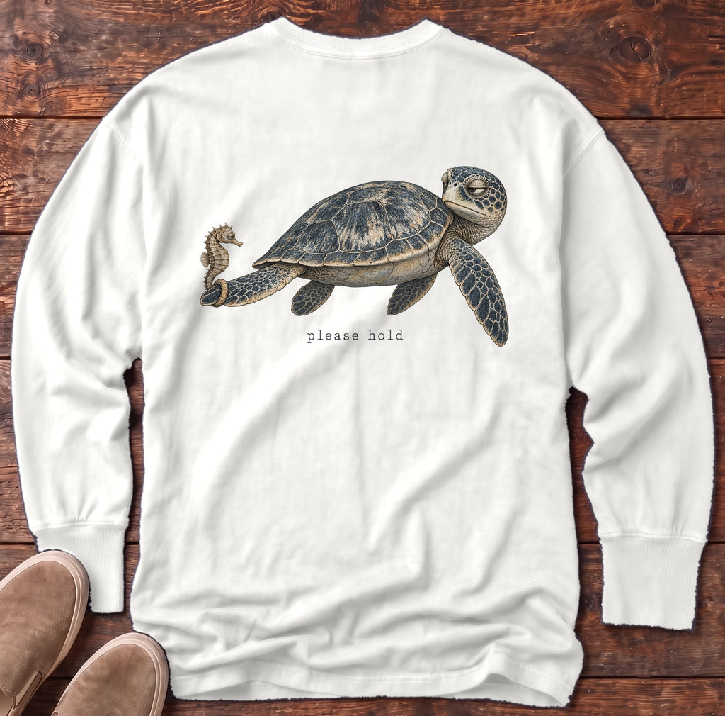 Please Hold Sea Turtle Back Design Long Sleeve Tee Comfort Colors in White, Salty Paws Comfort Colors Long Sleeve Tee, back design flat lay