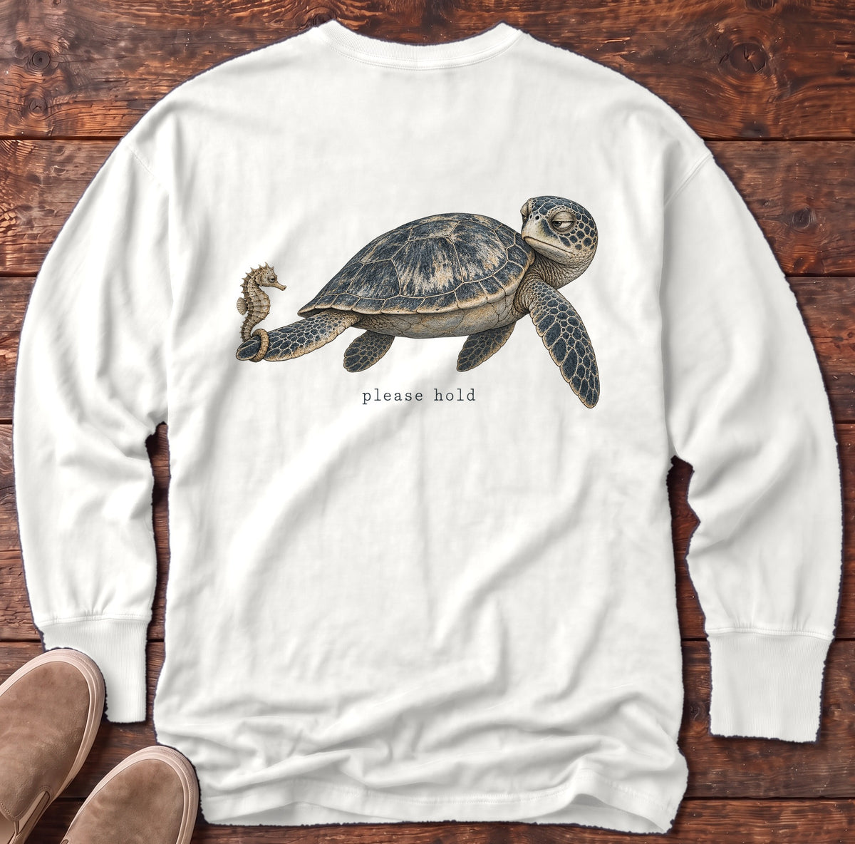 Please Hold Sea Turtle Back Design Long Sleeve Tee Comfort Colors in White, Salty Paws Comfort Colors Long Sleeve Tee, back design flat lay