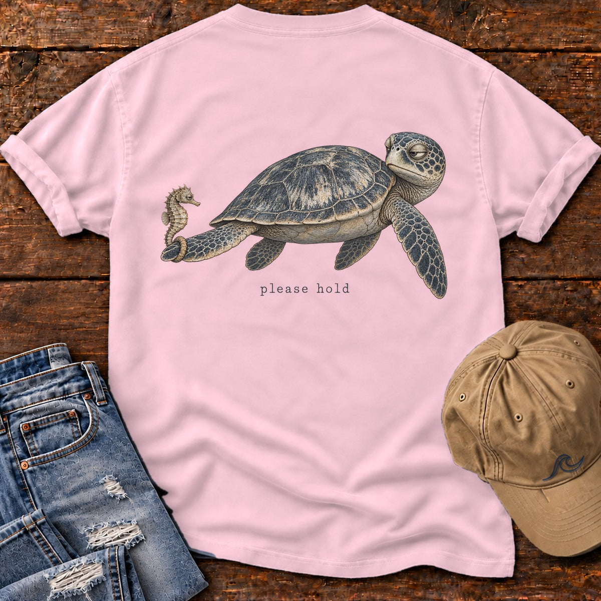Please Hold Sea Turtle Back Design T-Shirt Comfort Colors in Blossom, Salty Paws Comfort Colors T-Shirt, back design flat lay